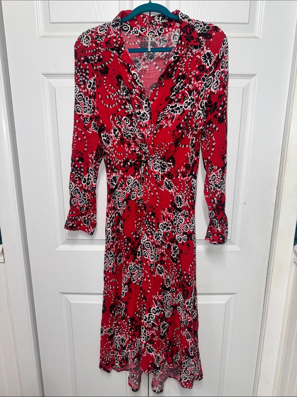 Free People Red Floral Long Sleeve Wrap-Style Dress